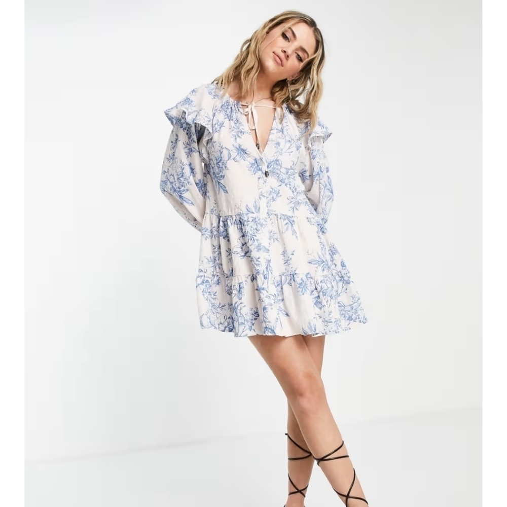 Free People Sunbaked Mini Swing Dress In Blue And Cream Size Small